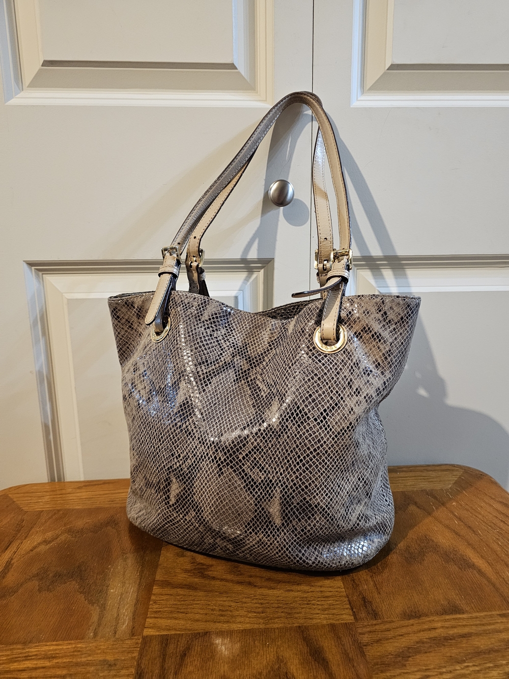 Michael Kors Snake-Print Tote Bag with Cream Handles